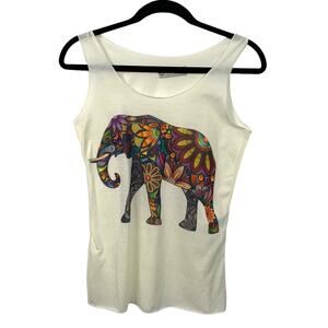 White Tank Top Elephant Colorful Print Small Shubcherry Boho Flowy Summer
